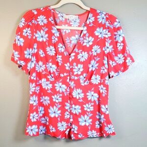 LOFT Red And Blue Buttoned, Floral Women's Short Sleeve Top. Size 2